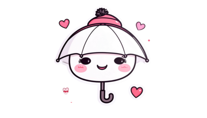 Cute cartoon umbrella character, smiling, wearing a pink hat, surrounded by hearts