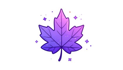 A stylized, cartoon-like maple leaf with a gradient purple-pink-blue celestial design