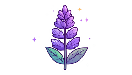 A stylized, cartoon lavender sprig with shimmering effects against a black background