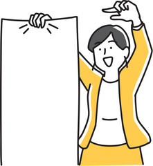 大きな紙を広げて指差す女性