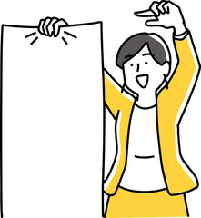 大きな紙を広げて指差す女性