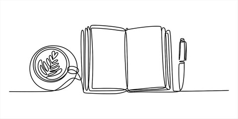 Minimalist continuous line drawing depicting an open notebook, pen, and coffee cup with latte art Vector, illustration © Single Line Art
