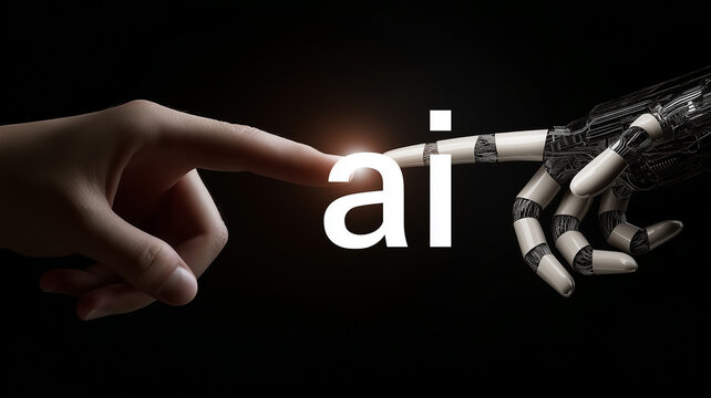 A human hand reaches out to touch an AI robot's finger, symbolizing connection and innovation Generative AI - Powered by Adobe