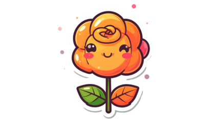A cute, smiling, cartoon rose with orange petals, green leaves, and a happy face