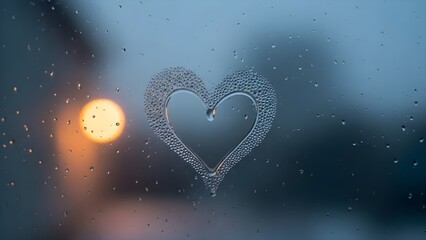 Heart Drawn on Rainy Window with Bokeh Light