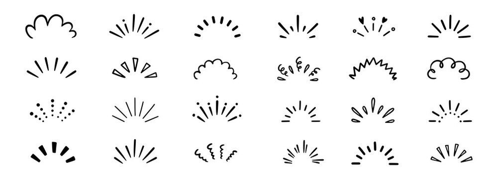 Shine line effects element icon set. Hand drawn doodle sun shine, surprise, sunburst frame with pop confetti ornament element collection. Comic headline decoration light ray. Vector illustration