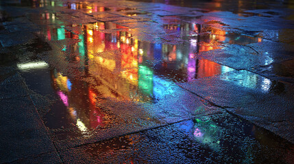 Rainy city night, illuminated by the vibrant reflections of lights on a wet surface, creating a beautiful and dreamy atmosphere