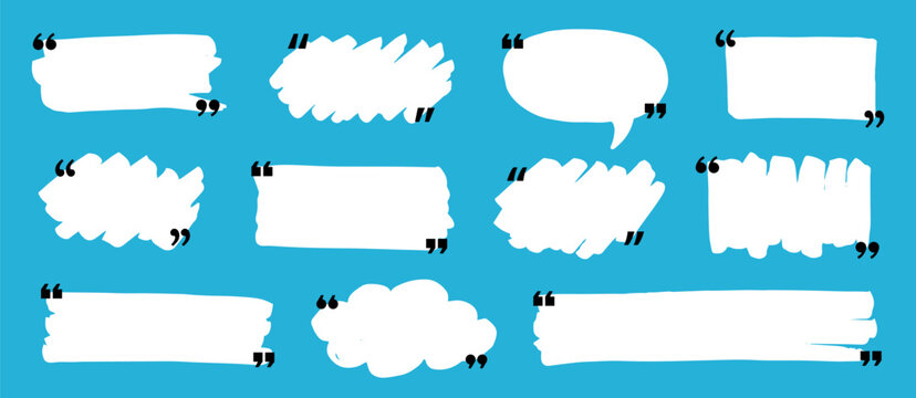 Text box frame set with quotation mark. Hand drawn marker brush stroke text speech message frame background. Quotation mark dialog speech, square, chat banner design template. Vector illustration