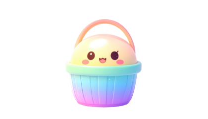 Cute, pastel-colored cartoon basket with a smiling face on a dark background