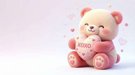 Cute 3D Fluffy Teddy Bear Holding XOXO Heart with Copy Space Illustration
