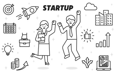 スタートアップに関するアイコンとジャンプする会社員の男女のセット（線幅変更可能）