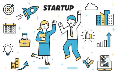 スタートアップに関するアイコンとジャンプする会社員の男女のセット（線幅変更可能・カラー）