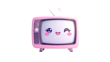 Cute, pink, retro television character with anime-style eyes, winking, and floating heart