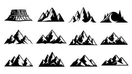 Mountain silhouette. Black outline minimal mountains shape for banner border and scenic backdrop. Isolated vector set, JPEG version.