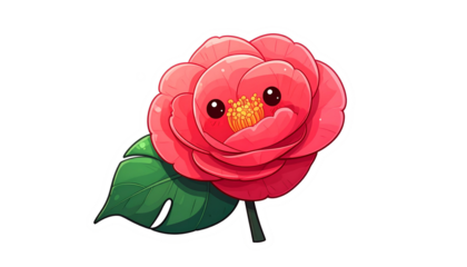 Animated, cartoon camellia with a smiling face, green leaf, and stem against black