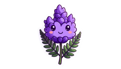 Adorable cartoon flower with a smiling face, vibrant purple petals, and green leaves