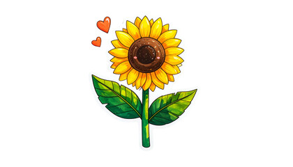 Whimsical, animated sunflower sticker with heart emojis against a stark black background