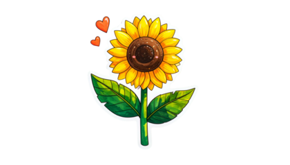 Whimsical, animated sunflower sticker with heart emojis against a stark black background