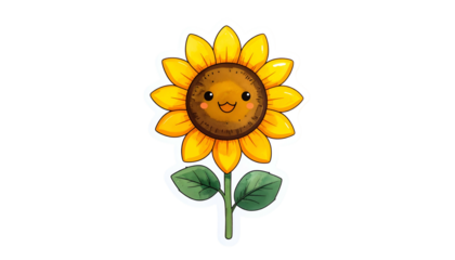A charming, cartoon sunflower with a smiling face, green stem, and leaves on black