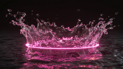 A vibrant water crown with pink light illuminates its delicate form, creating an ethereal spectacle