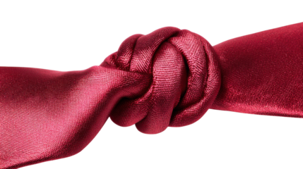Red fabric knot symbolizing connection, problem, challenge, solution, entanglement, difficulty, and complexity with a transparent background