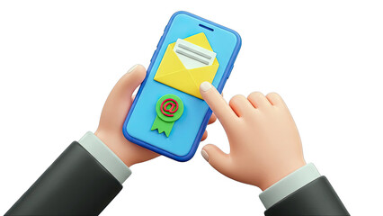 3D Cartoon Hands Holding Smartphone with Email Icon and Envelope