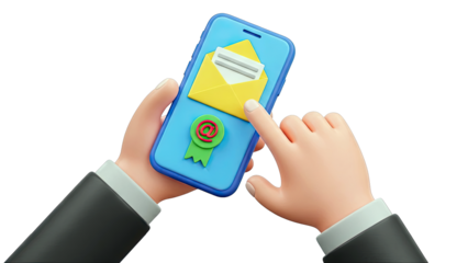 3D Cartoon Hands Holding Smartphone with Email Icon and Envelope