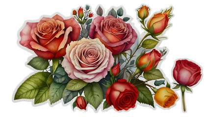 Elegant Watercolor Rose Bouquet Illustration with Red, Pink and Peach Roses on Transparent Background