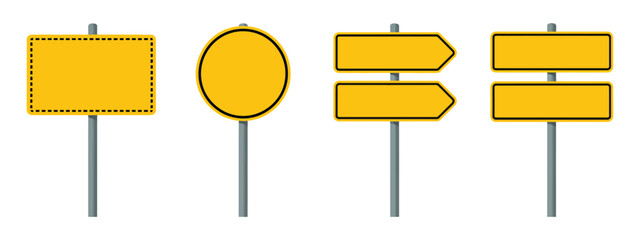 Road traffic sign icons with blank boards, yellow warning signs, caution symbols, and vector illustration for safety and navigation.