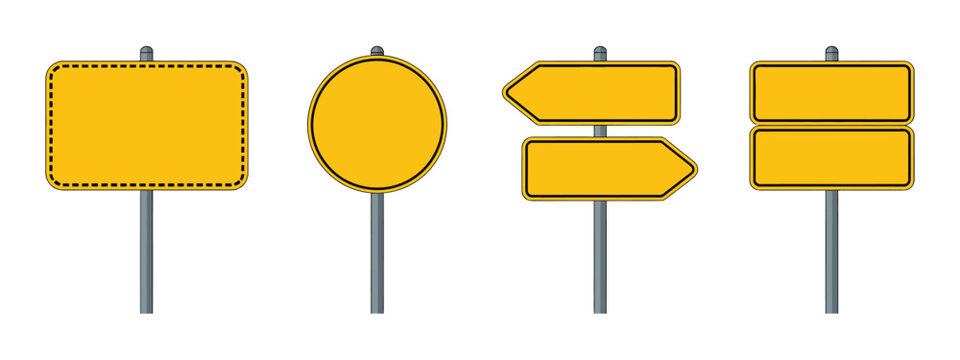 Road traffic sign icons with blank boards, yellow warning signs, caution symbols, and vector illustration for safety and navigation.