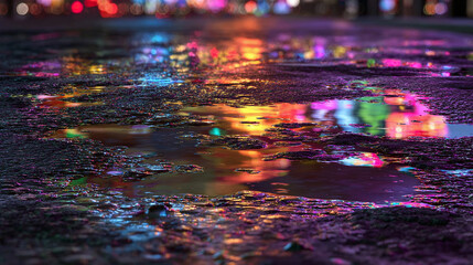 Reflection of vibrant city lights in the puddles on a wet street after the rain. The illuminated colours paint a dazzling urban scene