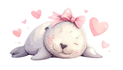 Cute cartoon seal with a pink bow and hearts floating around, eyes closed in bliss