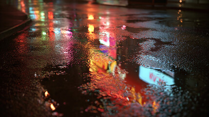Nighttime city reflections in puddles. Vibrant lights mirrored on a wet surface, creating a captivating scene