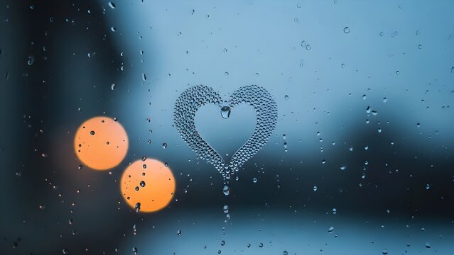 Romantic Heart Shape on Rainy Window Pane with Bokeh