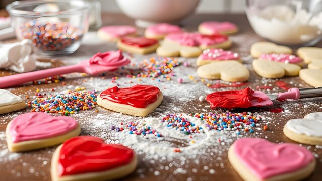 Heart-Shaped Cookies with Colorful Frosting and Sprinkles