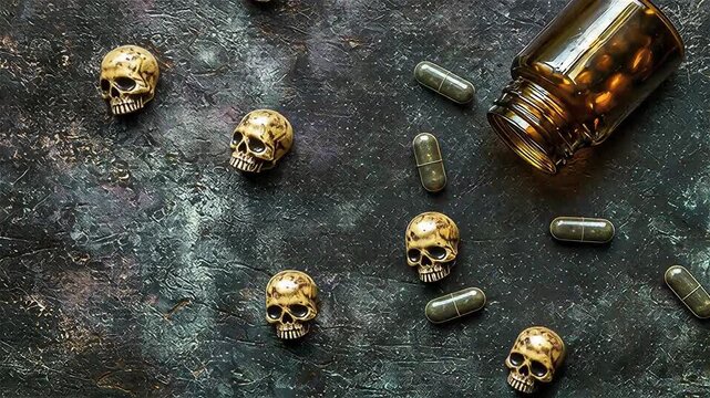 Skull shaped capsules and pills spilled from brown medicine bottle on dark textured surface symbolizing danger toxicity and eerie poison concept