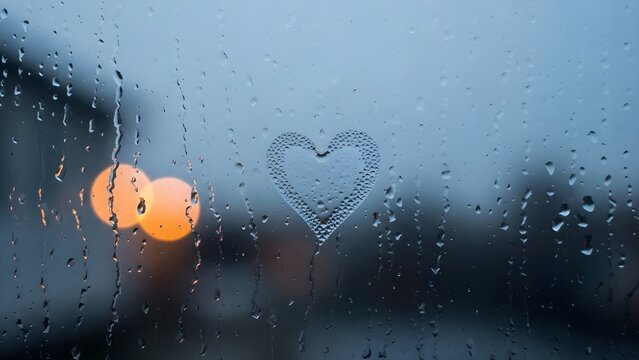 Rainy Window with Hand-Drawn Heart and Bokeh Lights