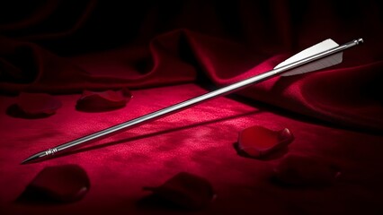 Romantic Silver Arrow and Rose Petals on Red Silk