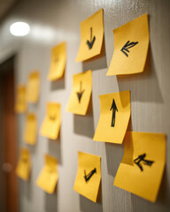 Arrow Direction on Note: A collection of sticky notes adorns a textured wall, each bearing a unique arrow, creating a visual guide that speaks of direction and journey.