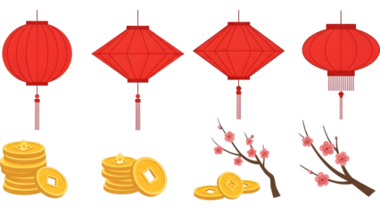 Chinese New Year decoration vector minimal icons of lanterns, coins, and plum blossoms