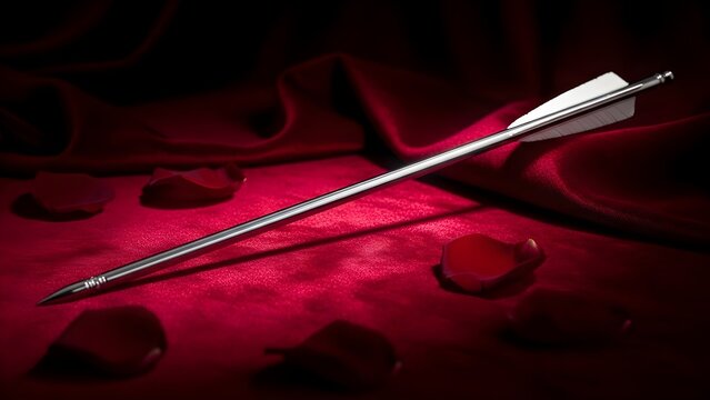 Romantic Silver Arrow and Rose Petals on Red Silk