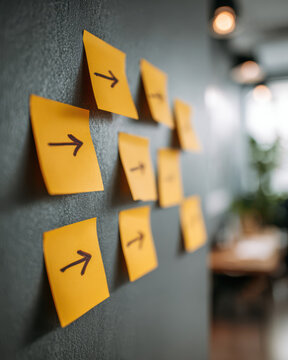 Strategic Direction: Focused shot of adhesive notes affixed to a wall, each inscribed with an arrow that points to one direction, symbolizing the path forward in a business environment. 