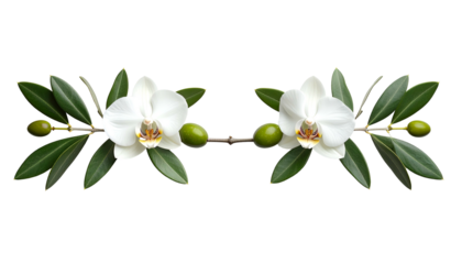 Two white orchid blossoms accented by green olive branches against a black background