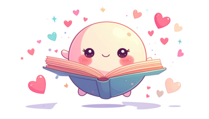 Cute, round creature with big eyes, reading a book amidst heart-shaped decorations