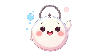 Cute, round, white animated character with smiling face, waving, bubbles, and handle