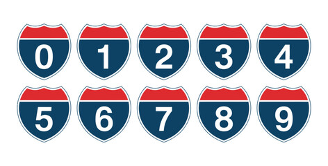 Numbered highway signs vector illustration displaying numbers from 0 to 9, traffic route markers, and road navigation symbols.
