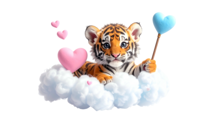 Adorable tiger cub resting on fluffy clouds, surrounded by pink and blue heart balloons