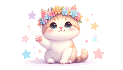 Adorable cartoon kitten waves, wearing flower crown, surrounded by pastel stars