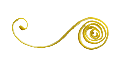 Lemon zest spiral twisting, creating a decorative garnish for cocktails and culinary presentations on transparent background