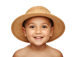 little boy with straw hat on white background